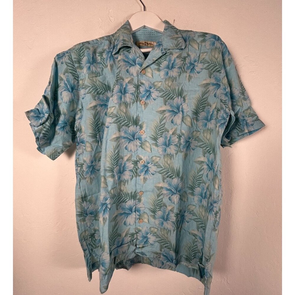 Tommy Bahama Mens Button Up Floral Hawaiian Shirt Medium Blue Green 100% Linen